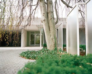 The front entrance of the Miller House is flanked by a series of glass screens, designed by either Dan Kiley or Girard.