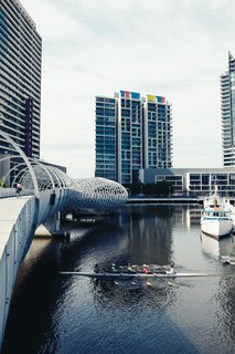 Docklands, a large new development just west of the Central Business District, is a big space full of big buildings that hopes to attract tenants—–residential and commercial alike—in part through design. The Webb Bridge by Denton Corker Marshall is meant to mimic an aboriginal eel trap and is a fine addition to the neighborhood.