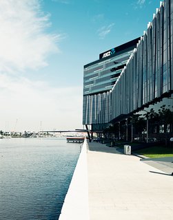 The headquarters of ANZ Bank are one of the big commercial anchors of the Docklands neighborhood. Its riverside location and large campus make it a fine addition to the rapidly developing part of town.