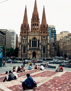 A fine bit of Gothic revival architecture, William Butterfield's St. Paul's Cathedral is seen here from Federation Square just across the street.