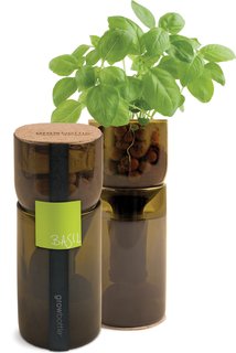 The Grow Bottles contain everything you need to grow a wine-bottle-size garden: pot, clay pebbles, seeds, and more.
