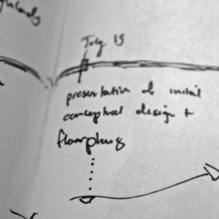 Building the Maxon House: Week 15 - Photo 3 of 7 - I charted the project timeline in one of my many project notebooks and noted milestones along the way. Here, the concepts presented to us, the clients.