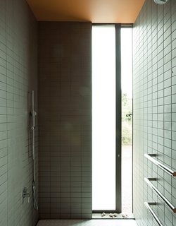 The shower provides a glimpse of the outdoors.