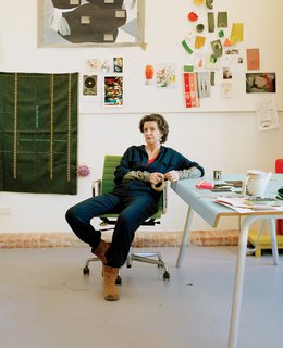 The walls of Jongerius’s workshop are covered with sample materials and colors, including a prototype for her new Borders textile for Maharam.
