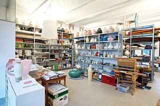 Although Jongerius insists she had a major clear-out before leaving Rotterdam, her studio in Berlin is as packed as ever. Note the Ikea PS Jonsberg vases on the top row of shelves, each made using a different ceramic technique, with ornamentation inspired by different parts of the world.