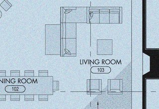 A schematic of the proposed living space showcases the dining room table extending into the open floor plan of the living room.