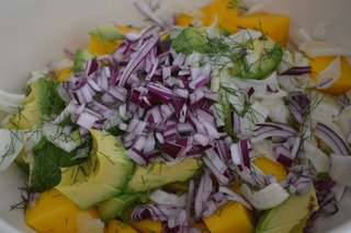 Chopped vegetables for Avocado, Mango, and Fennel Salad. Photo courtesy amyskitchentable.com.