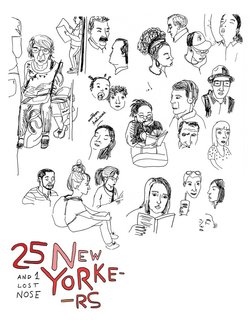 An illustration of 25 New Yorkers by Maria (Walnut) Nogueira.