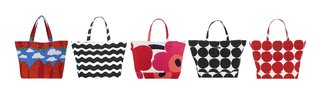 Marimekko totes in (left to right) Maija Isola's Mansikkavouret print, Pentti Rinta's Lorina pattern, Isola's iconic Unikko print, Isola's Kivet print in black and white, and Kivet in red and white.