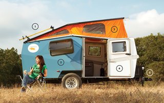 The trailer is Finney's response to bigger-is-better RV culture. Each one weighs between 1,000 and 1,500 pounds and costs from $10,000 to just under $18,000 depending on how heavily it's outfitted. The model I camped in came equipped with a roof rack (1) and Finney spent a fair amount of time during the photo shoot on the mountain bike that he'd brought along. All Cricket Trailers are fabricated with folded-aluminum panels (2) and feature pop-up tops (3), locking doors (4), and trailer hitches (5).