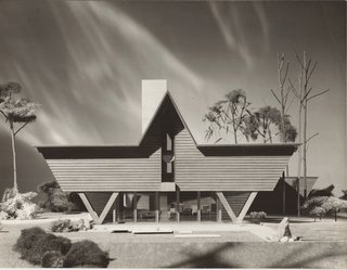 Dow's idea for his W-Frame house exists in model form (here) at the Down Home and Studio and a variant of the structure was built as the Mills Summer Home.