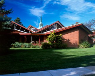 St. John's Lutheran Church has a series of clerestory windows cropping up at sharp angles. Viewed from above the structure looks like a Lutheran rose with the spire emanating out of the center.
