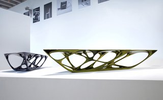 Remembering Zaha Hadid - Photo 9 of 9 - Mesa Table, 2007. Polyurethane base, fiberglass top, metallic paint finish. 27 9/16 x 64 15/16 x 159 7/16 in. Midnight blue. Made by Vitra GmbH, Basel, Switzerland. Photography courtesy of Eduardo Perez.