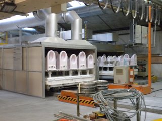 Friday Finds 9.30.11 - Photo 4 of 6 - The ceramics are fired in a 340-foot-long, 2,200-plus-degree kiln. The sinks, toilets, and tubs are tinted either pink or blue from the glazing but come out a pure white on the other side.
