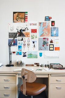 The Steelcase desk in the living room was a lucky streetside freebie discovered outside their old Oakland apartment.