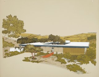 Diniz’s 1961 renderings of the Monarch Bay Homes designed by Ladd and Kelsey Architects offer a bucolic vision of mid-century living.