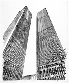 This ink drawing on mounted paper board is from 1963 and shows how powerfully tall the World Trade Center would be.