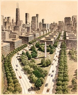 Here, in a perspective drawing from 1983 for the Chicago masterplan, Diniz invites the viewer down a wooded highway into the city center.