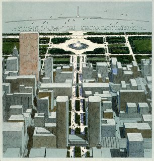 In this illustration for the Chicago masterplan Diniz shows the view north from McCormick Place.