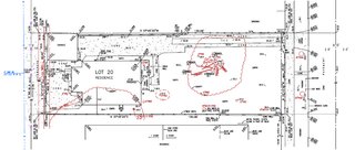 Here's a Becker & Miyamoto survey showing an array of data about the site. The lot is 45-feet-wide by 129-feet-deep. In the survey shown, the street front is on the right and the rear alley access is on the left. A small existing cottage is marked on the left of the survey, towards the rear of the lot. The site runs roughly east-west from right to left in the survey above.