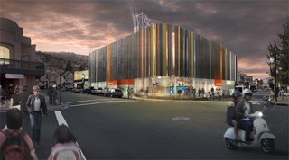 Here's the entry from Will Bruder + Partners, a firm from Arizona. One of the main challenges facing the Kimball is that its entry faces Park Avenue, not Main Street. By orienting the extension to Main, Bruder redresses this programmatic challenge. Notice that in this rendering's panoply of street action that the handsome man in the leather jacket on the left is none other than Robert Redford. Clearly playing to the crowd.