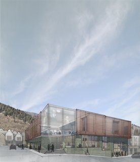 This rendering from Tod Williams and Billie Tsien shows a low copper-clad structure that opens up at the corner of Main Street and Heber Avenue, the busiest intersection in town.