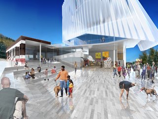 This entry from the L.A. firm Brooks and Scarpa has a lot going for it, namely the hovering white form to be made of polypropylene. It's meant to evoke the clouds of the Utah sky, but what grabs me most is the big public plaza at Main and Heber. It's the only design that really turns the busiest corner in town into a public space. This design also retains the integrity of the Kimball Bros. garage, the brick structure off to the side.