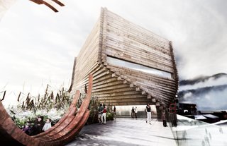 Here's a look at what the tall structure would look like from a terrace atop the existing building. The wooden facade is a nod back to the origins of this 1860s mining town, though its form is hardly nostalgic. <br><br>Don't miss a word of Dwell! Download our FREE app from iTunes, friend us on Facebook, or follow us on Twitter!