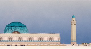 This innocent quest for knowledge has led him to be one of the leading, if only, western experts on mid-20th century Iraqi architecture. It has also led to a traveling international exhibition that pays tribute to the great Islamic Renaissance, acknowledges the potential of the current generation, and allows others to envision what Baghdad still could be. "I wanted to change the perception from war and bombs," said Azara. "Compared to 1950s Spain, which was a third world country at the time, Baghdad was this contemporary non-religious society that was doing great things. I wanted to show creation, not just destruction, and create a positive view." <br><br>Venturi, Rauch, and Scott Brown, Project for the Competition for a National Mosque of Baghdad, 1982, Baghdad, Iraq