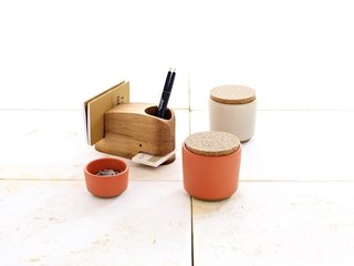 This Desk Set, which retails for $185, includes two containers with screenprinted cork lids, a small bowl, and a Wood Whale, designed by Eric Pfeiffer at the Utility Collective, and handcrafted in Michigan using reclaimed timbers.
