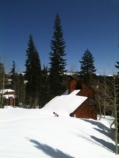 The diagonal redwood slats and geometric structure are wonderfully accentuated by the snow bank covering the backside of the cabin.