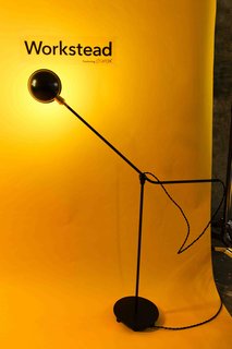 The Brooklyn-based design duo Stefanie Brechbuehler and Robert Andrew Highsmith utilized a re-purposed O.C. White industrial joint and brass socket to create this unique floor lamp. The arm can be articulated in multiple axes; the joint allows for 360 degrees of rotation.
