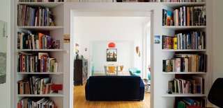 A view from Gadanho’s home office and library and the apartment’s entry hall typify the architect’s interior approach: bright plus white.