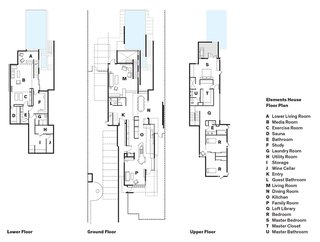 This House Doesn't Hold Back on Colorful Details - Photo 11 of 11 - Elements House Floor Plan A Lower Living RoomB Media RoomC Exercise RoomD SaunaE BathroomF StudyG Laundry RoomH Utility RoomI StorageJ Wine CellarK EntryL Guest BathroomM Living RoomN Dining RoomO KitchenP Family RoomQ Loft LibraryR BedroomS Master BedroomT Master ClosetU Master Bathroom