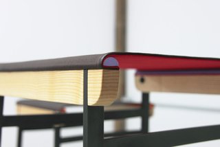 Catenary Stool by Token - Photo 1 of 2 - Here's a detail shot of the stool. The leather comes in four options—black, chocolate, tobacco, and saddle—and the brightly hued backing fabric comes in ten—sky, radish, egg yolk, cream, camel, charchol, sand, mocha, chocolate, and black.