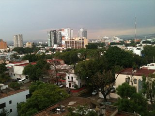 The Guadalajara skyline from the fourth floor of the hotel. Throughout the city, especially Hotel Demetria's neighborhood, Lafayette, remnants of European colonialism are present and integrated into modern Mexican society.
