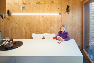 Light Line<br><br>The pair selected fluorescents in <br><br>the kitchen and dining area for their <br><br>energy efficiency, low cost, and <br><br>clean aesthetic, echoing the bamboo <br><br>screens outside. The Spina pendant <br><br>above the table is from Ribag Licht <br><br>and complies with very green Swiss <br><br>Minergie standards. <br><br>ribag.ch