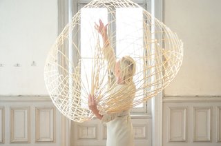 'Moving Meshes' at Domaine de Boisbuchet - Photo 2 of 8 - An expanding and contracting bamboo mesh by Dutch designer Maria Blaisse tests the resiliency of woven materials and the art of gesture in defining space and volume. Moving Meshes includes five spherical forms like this one as well as accompanying video to demonstrate improvisational interactions in the gallery's exhibition setting.