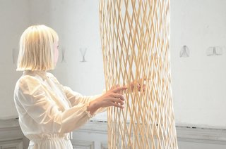 'Moving Meshes' at Domaine de Boisbuchet - Photo 3 of 8 - Diagrams along the gallery walls show the permutations that the user might explore when interacting with Blaisse's lattice frameworks. Materials are delicate to the touch but resilient in nature.