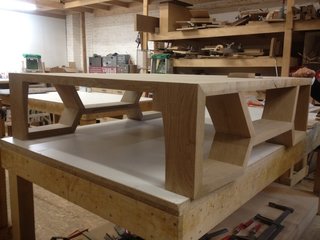 Here's a coffee table mid-production. Each Hellman Chang piece is numbered and tracked by the company, making it easy to match future pieces for clients.