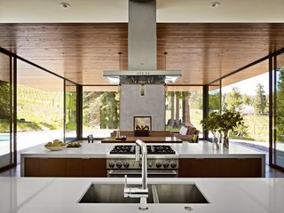 This Couple Achieves Their Glass House Goals - Photo 3 of 5 - All appliances in the kitchen are from Thermador, save for a Miele dishwasher. Bright white Caesarstone bounces yet more light into the space.