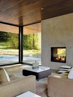 This Couple Achieves Their Glass House Goals - Photo 5 of 5 - The seating area features custom sofas covered in synthetic ultrasuede, in what Dowling calls "a forgiving color." The felt ottoman, by Cini Boeri for Knoll, doubles as a table thanks to a lacquered tray from Williams-Sonoma Home. The sisal rug is from West Elm.