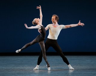 The Ballet's Crown Jewels - Photo 5 of 6 - Janie Taylor and Ask la Cour in George Balanchine's Stravinsky Violin Concerto. Designers Will Kavesh and Emrys Berkower of Token mimicked dancers' legs for the steel legs of their tables. Photo by Paul Kolnik.