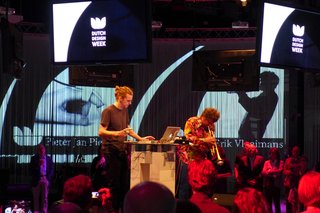 Dutch Design Week 2012, Pt. 1 - Photo 3 of 24 - Design Academy graduate Pieter-Jan Pieters demonstrates his Man and Mobility thesis project—an electronic device that transforms intuitive movements into music.