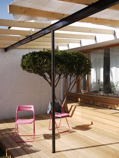 How to Design with Pink - Photo 7 of 15 - Being on the ground floor has its benefits—namely a bit of outdoor space. The black I-beam supporting the canopy of exposed joists offers a nice contrast to the wood above and below. Pink chairs do the trick as well.