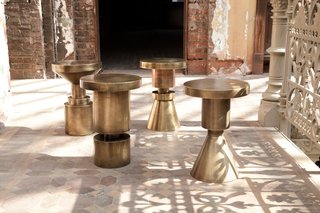 Anna Karlin: Designing in 360 Degrees - Photo 6 of 6 - These brass-plated, cold-rolled, hollow-steel chess stools are multi-functional, serving as stool or table. Their geometric shape offers a versatile look appropriate for a variety of styles. Photo by Don Freeman.