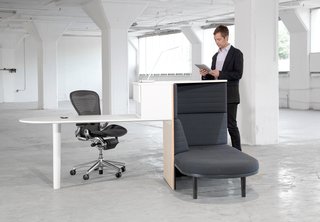 Plumstead designed Integrated Workspace to accommodate all of the postures one might have throughout the workday—a traditional desk, standing station, and daybed.