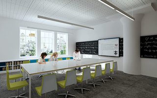 Some designs take inspiration from the professional world. The Avenues: World School in New York, a Perkins Eastman design "is a good illustration of a heavy emphasis on technology and is all about connectivity," Mellins explains. Part of an international network of schools, Avenues: World School is located in a Cass-Gilbert industrial building. Classrooms in this adapted reuse structure "look like some kind of contemporary office" with conference tables. Photo © Bonetti/Kozerski Studio.