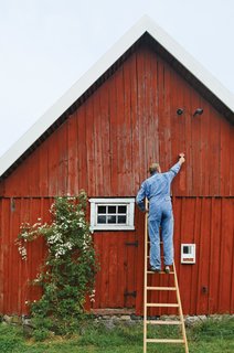 The exterior paint, Falu Rödfärg, is made locally in Falun, Sweden. It requires no primer or sealant due to its highly pigmented, all-natural composition. Using it eliminated some supply costs associated with outdoor painting.