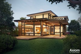 The Axiom 2340 model features a deck space off the great room and light-filled, high-ceilinged living spaces.